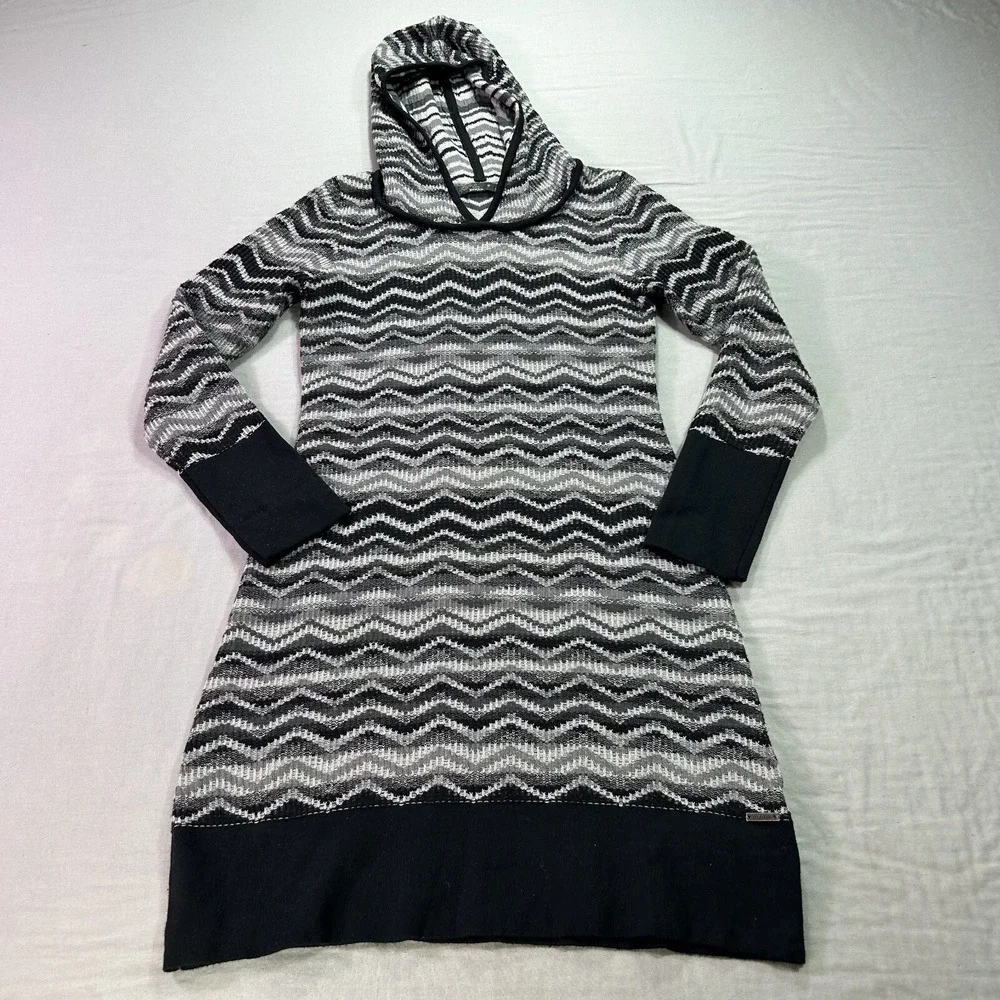 Prana Dress Womens Small Gray Black Chevron Meryl Sweater Hoodie Midi V-Neck